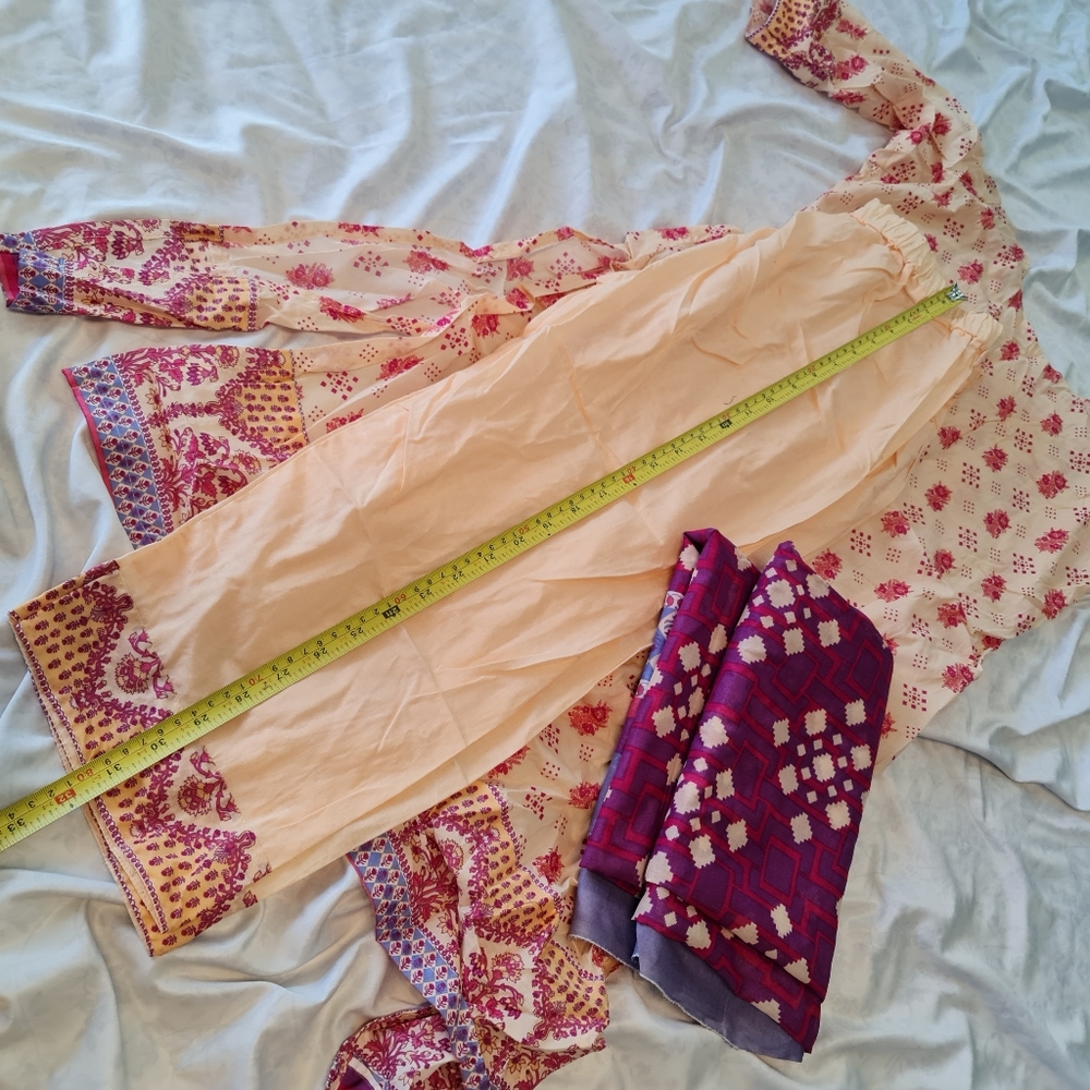 Printed South Asian Indian Pakistani pajami kameez dupatta -shirt pant and scarf